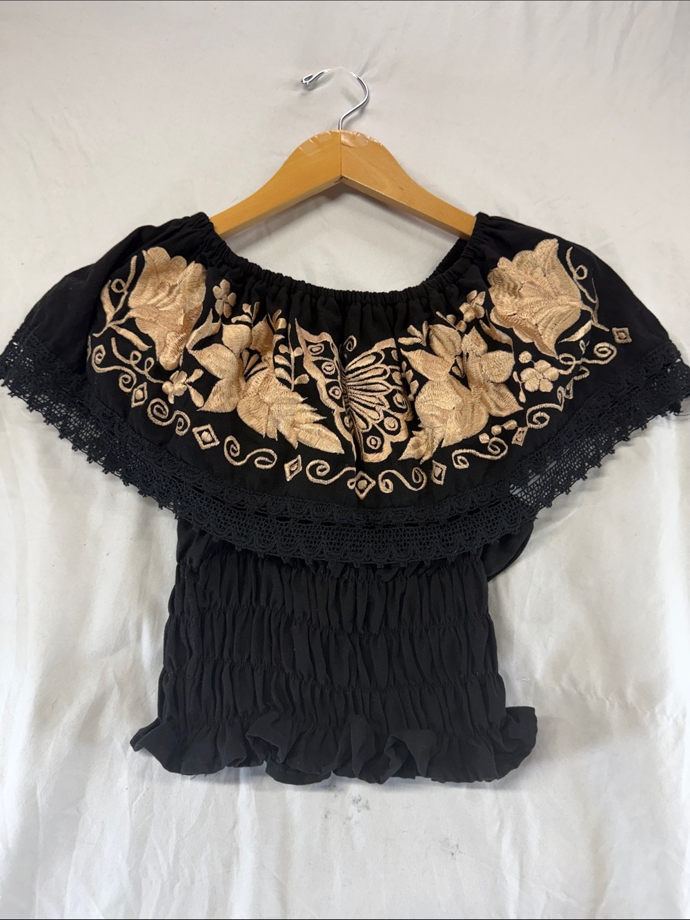 Off-Shoulder Black Top with Gold Floral Embroidery